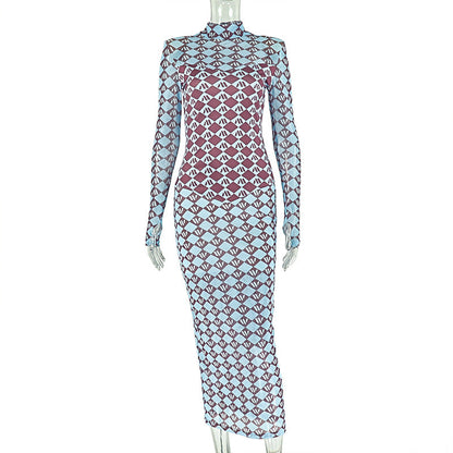 Women Clothing Micro Transparent Printing Slim One Step Hip Turtleneck Long Sleeve Dress