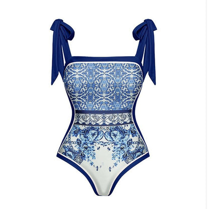 Bow Bandage Blue White Porcelain Printed One Piece Swimsuit Women Set Dress