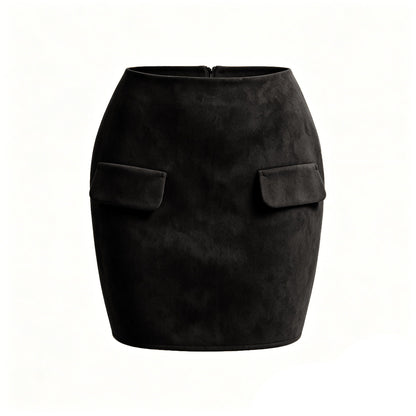 Autumn Winter Women Suede Double Pocket Skirt High Waist Package Hip Zipper Skirt
