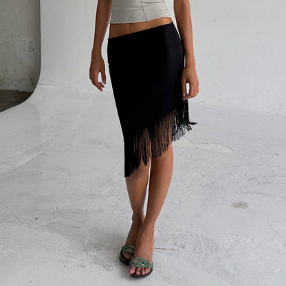 Elegant Sexy Woman Tassel Irregular Asymmetric Low Waist Skirt Retro Street Sexy Hip Mid Skirt