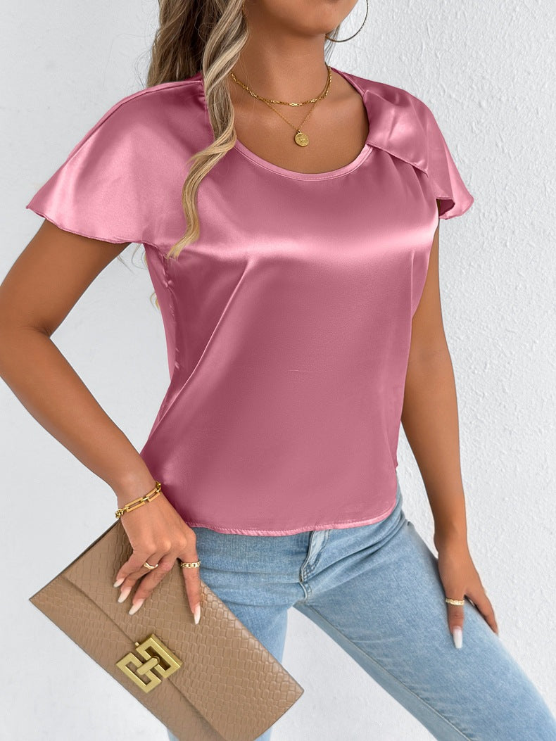 Women Clothing Satin Summer T shirt Short Sleeve High End Satin Artificial Silk Top