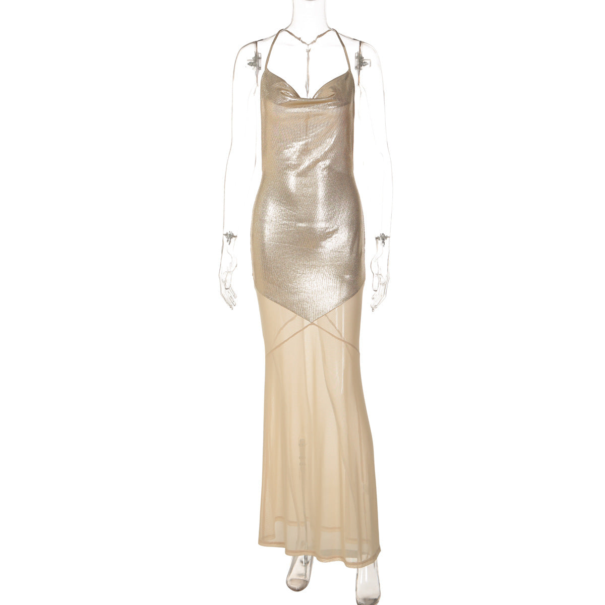 Women Summer Mesh Stitching Bronzing Dress Sexy Sling Backless Dress Women