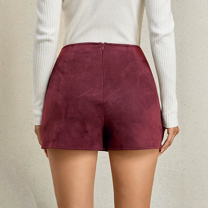 Autumn Winter Women Clothing Heap Pleated Suede Pantskirt High Waist Zipper Casual Short Pantskirt Women