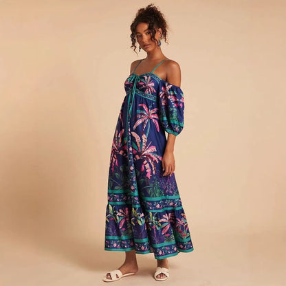 Summer Positioning Printing Sling off Shoulder Dress
