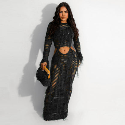 Women Clothing Sexy Handmade Knitted Beach Dress Hollow Out Cutout Out Mink Tassel Maxi Dress