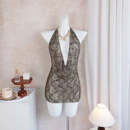 Swimwear Sexy Beachwear Hollow Out Cutout Pleated Lace Elegant Halter Solid Color Swimsuit
