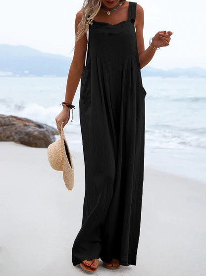 Women Clothing Summer Jumpsuit Ethnic Solid Color Wide Leg Jumpsuit