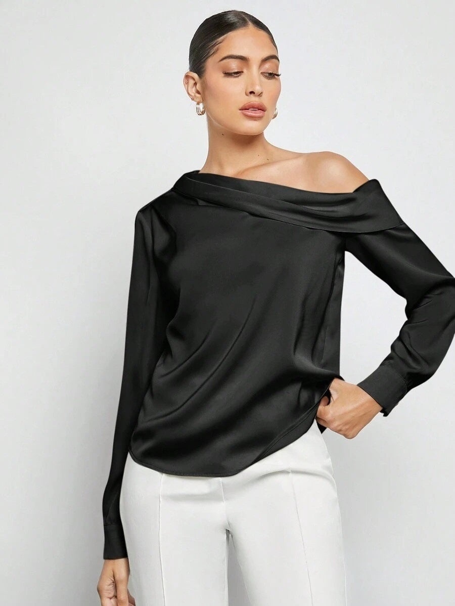 Pleated Satin Shirt Top Spring Summer off the Shoulder Asymmetric Long Sleeve Shirt Women Clothing