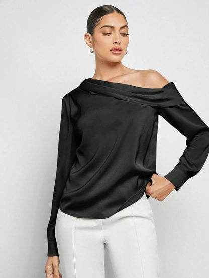 Pleated Satin Shirt Top Spring Summer off the Shoulder Asymmetric Long Sleeve Shirt Women Clothing