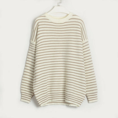 Women Clothing Striped All Matching round Neck T shirt Simple Casual Loose Sweater