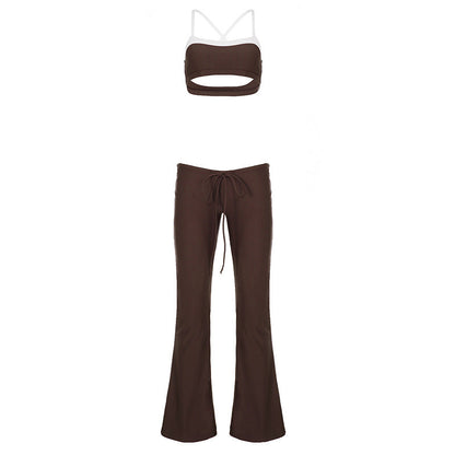 Casual Sports Contrast Color Suspender Trousers Two Piece Sets Street Sexy
