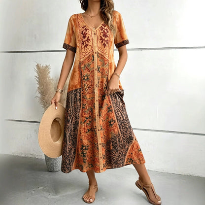 Summer Bohemian Stitching Printing Dress V neck Single Breasted A line Midi Dress