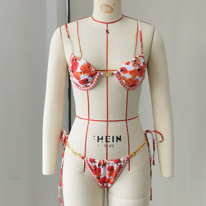 Fresh Printed Push up Bikini Low Waist Split Swimsuit Women Sexy Backless Bikini