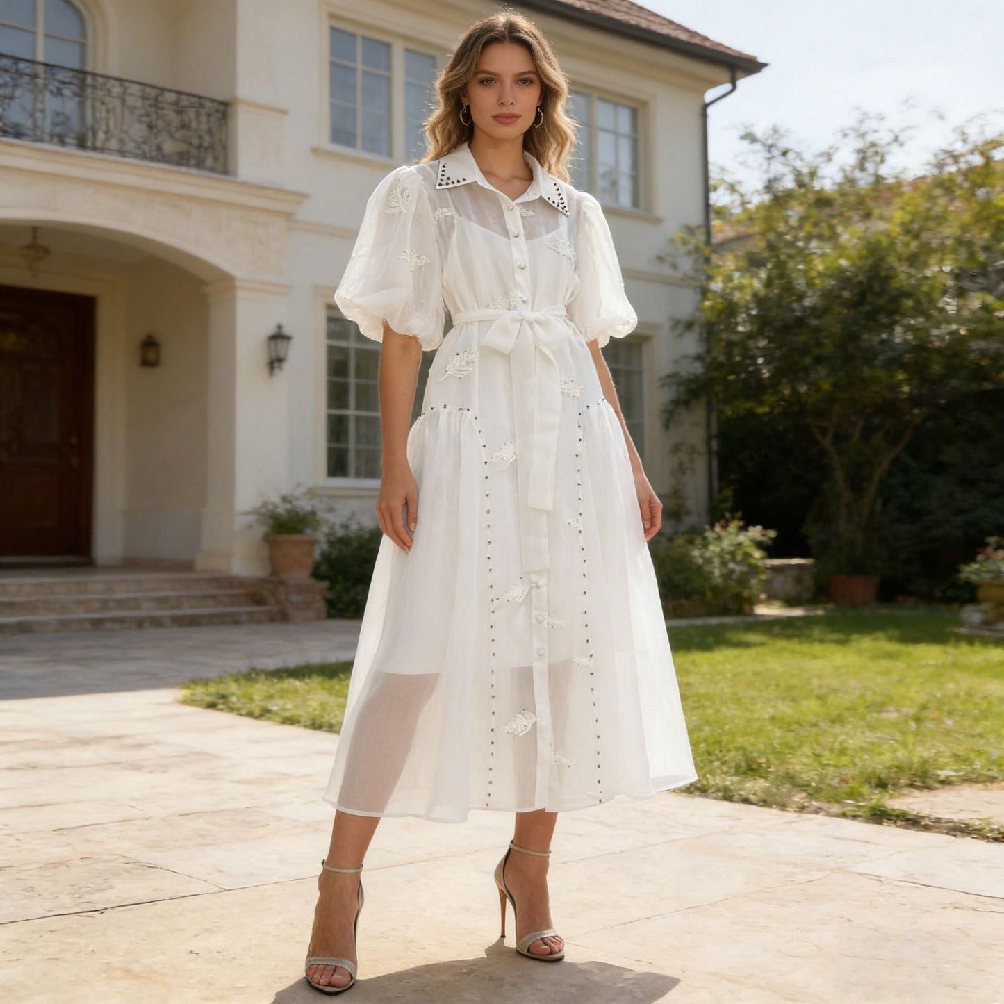 Spring Puff Sleeve Solid Color Waist Tight Collared Patchwork Maxi Dress Two Piece Elegant Dress for Women