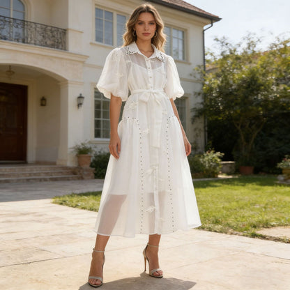 Spring Puff Sleeve Solid Color Waist Tight Collared Patchwork Maxi Dress Two Piece Elegant Dress for Women