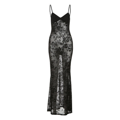 Spring Summer Women Mesh Sexy See through V neck Backless Slim Fit Sling Dress