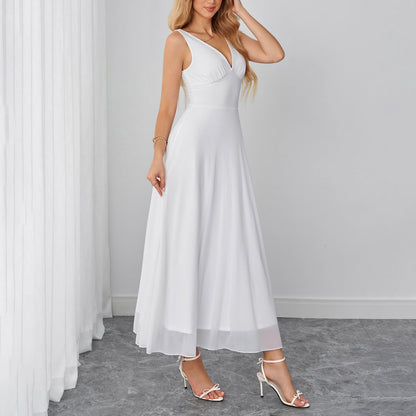 Dignified Goddess Mesh Camisole Dress Sexy V neck Backless Waist Trimming Slimming Dress