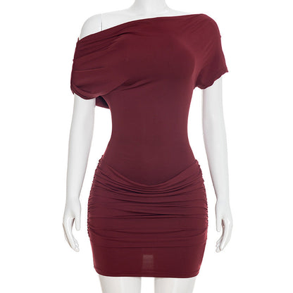Women Clothing Spring Summer Elegant Lady Casual Strapless Sloping Shoulder Draped Mini Dress