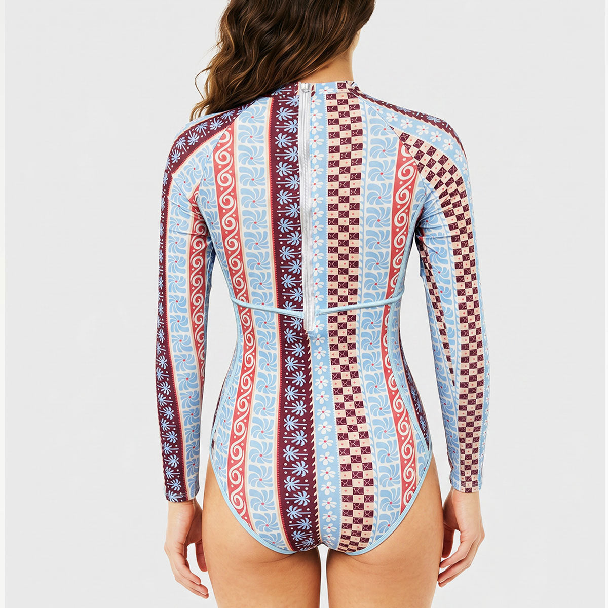 Striped Printed Long Sleeve Zipper Briefs Surfing Set One Piece Swimsuit Women