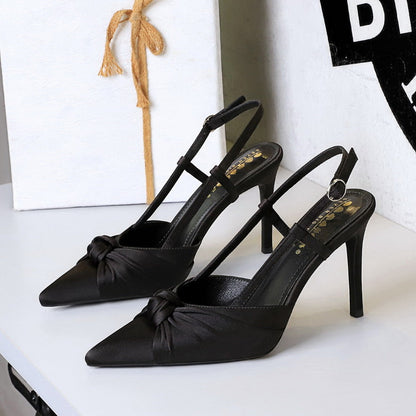 Cocktail Satin Bow Stiletto Heel High Heel Shoes Pointed Shallow Mouth Back Empty Closed Toe Shallow Mouth Pumps