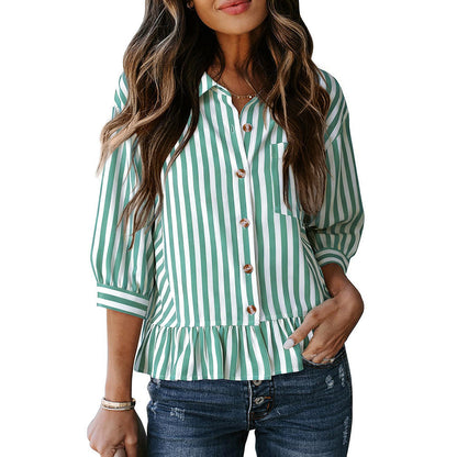 Women Spring Summer Clothing Casual Button 3/4 Sleeve Office Striped Shirt