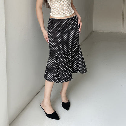 Summer French Mid Length Printed Polka Dot Skirt Retro Hip Wrapped Fishtail Skirt