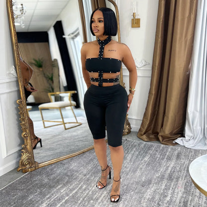 Women Wear Sexy off the Shoulder Bubble Beads Halter Solid Color Jumpsuit