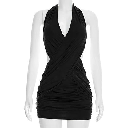 Women Clothing Summer Solid Color Casual Slim Cross Tied Neck Sleeveless Mini Short Dress