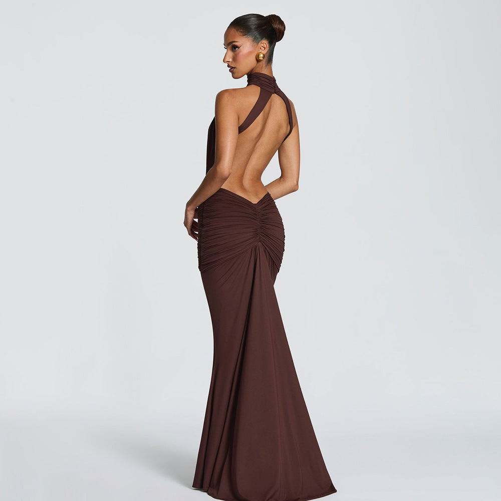 Halter Pleated Slim Fit Maxi Dress High Neck Sexy Backless Cocktail Dress