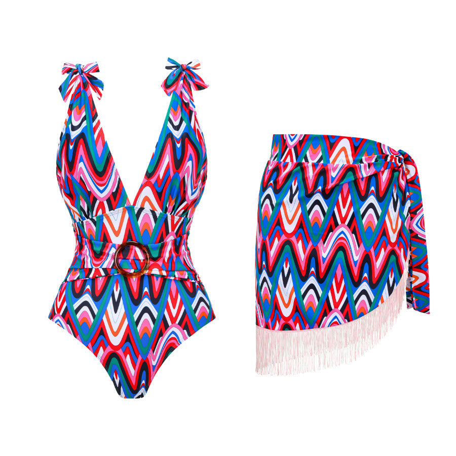 Spring Sexy Swimsuit Women Conservative Printed Swimsuit Wrap Skirt Set