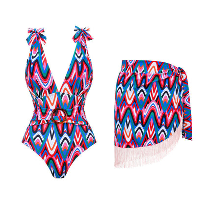 Spring Sexy Swimsuit Women Conservative Printed Swimsuit Wrap Skirt Set