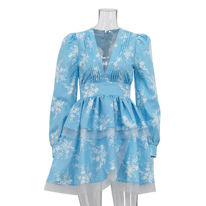 Women Clothing Pleated V neck Printed Dress Long Sleeve Tight Waist Graceful Fashionable A line Dress