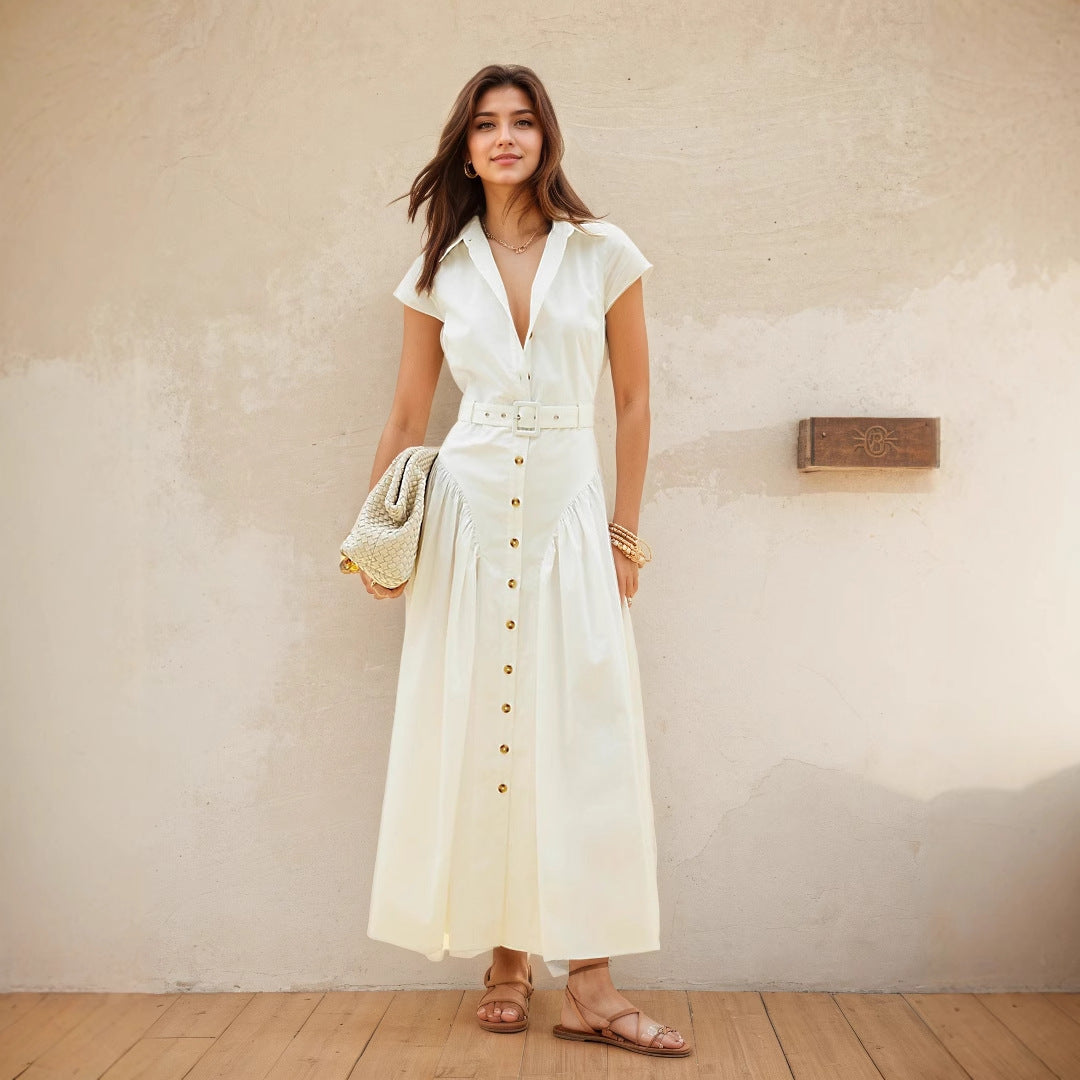 Popular Collared Dress Single Breasted Women Summer Slimming Slim Dress Simple Office Women Clothing