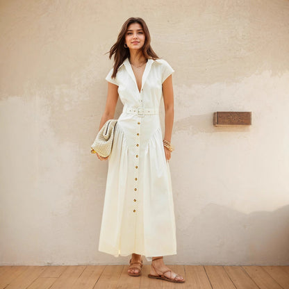 Popular Collared Dress Single Breasted Women Summer Slimming Slim Dress Simple Office Women Clothing