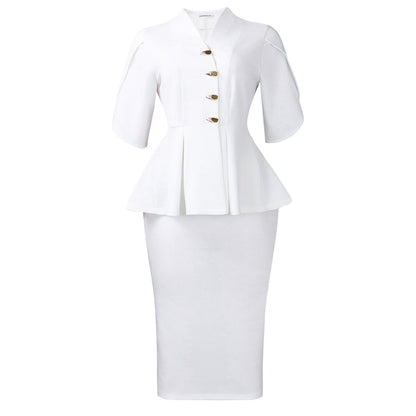 Women Clothing Short Sleeve Elegant Ruffled Hip Split Solid Color Set
