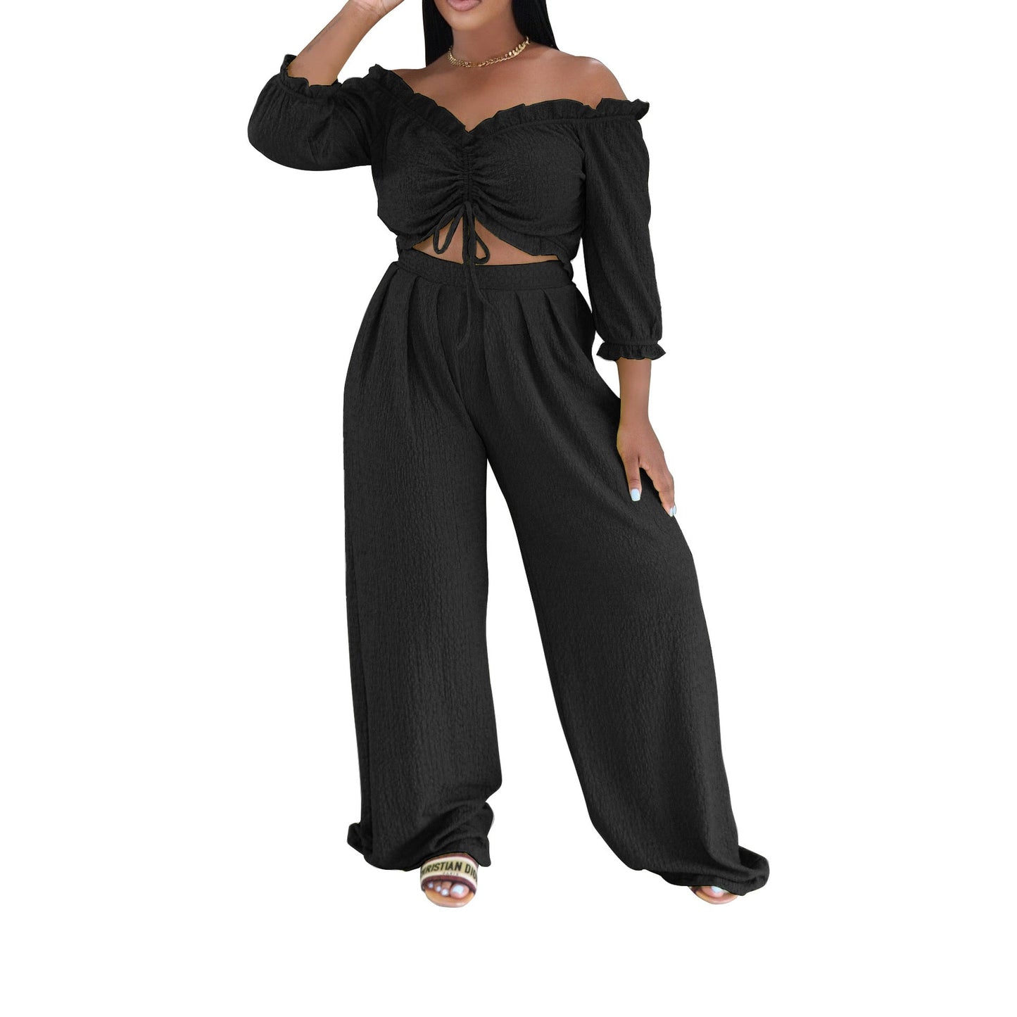 Women Clothing Half Sleeve Pleated Lace up Loose Breathable Two Piece Sets Sexy Summer
