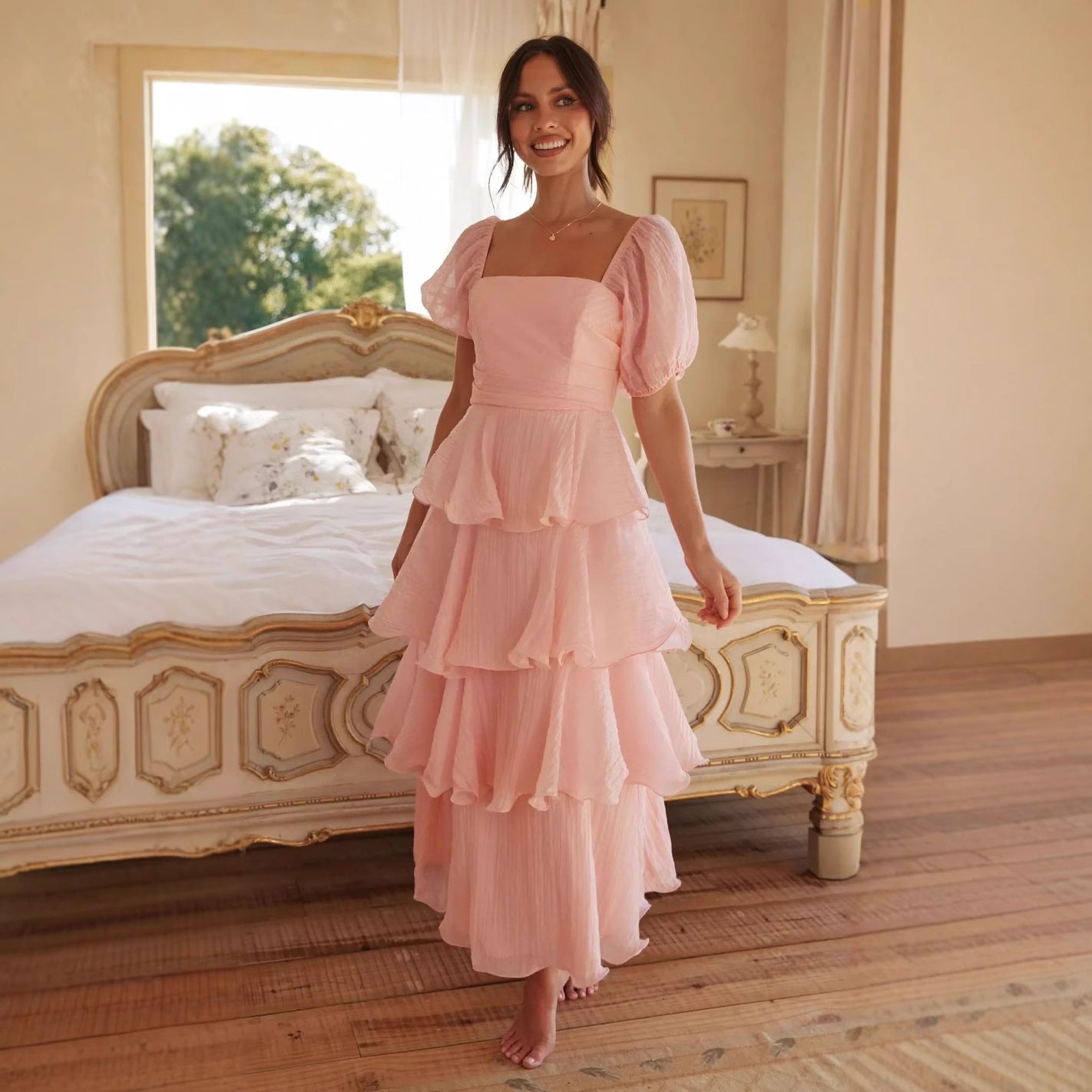 Backless Puff Sleeve Tiered Dress Long