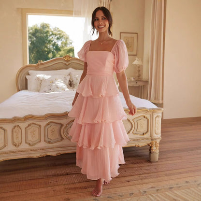 Backless Puff Sleeve Tiered Dress Long