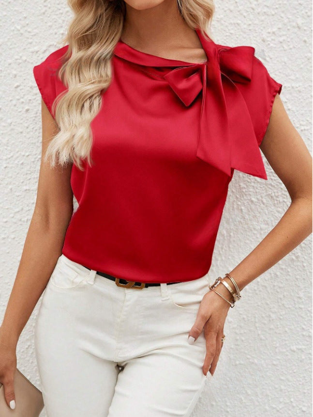 Half Open Collar Bow Satin Top Special Interest Design Satin Women Clothing T shirt
