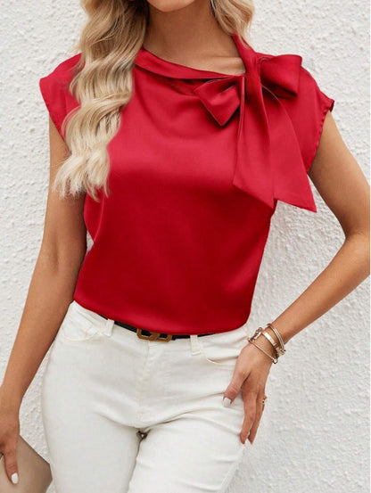 Half Open Collar Bow Satin Top Special Interest Design Satin Women Clothing T shirt