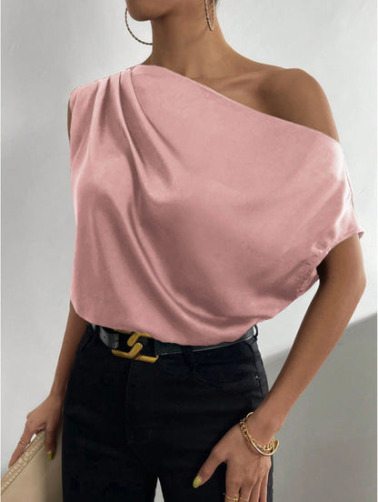 Spring Solid Color Satin Artificial Silk Irregular Asymmetric Shoulder off Shoulder Pullover Sleeveless Shirt Women Clothing