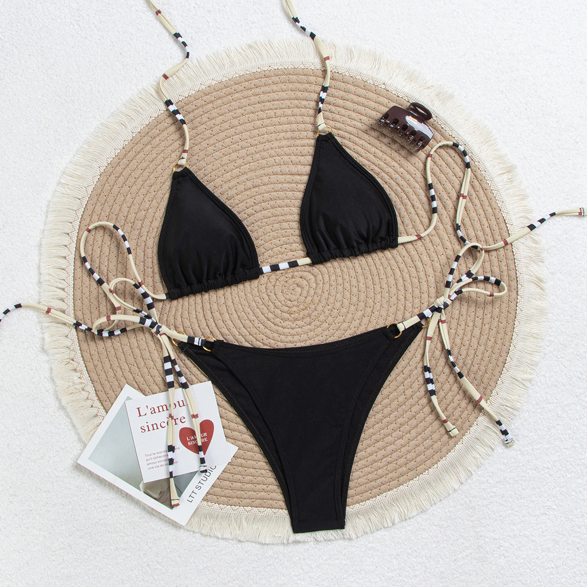 Women Bikini Contrast Color Triangle Cup Bandage Sexy Bikini Split Swimsuit Swimwear