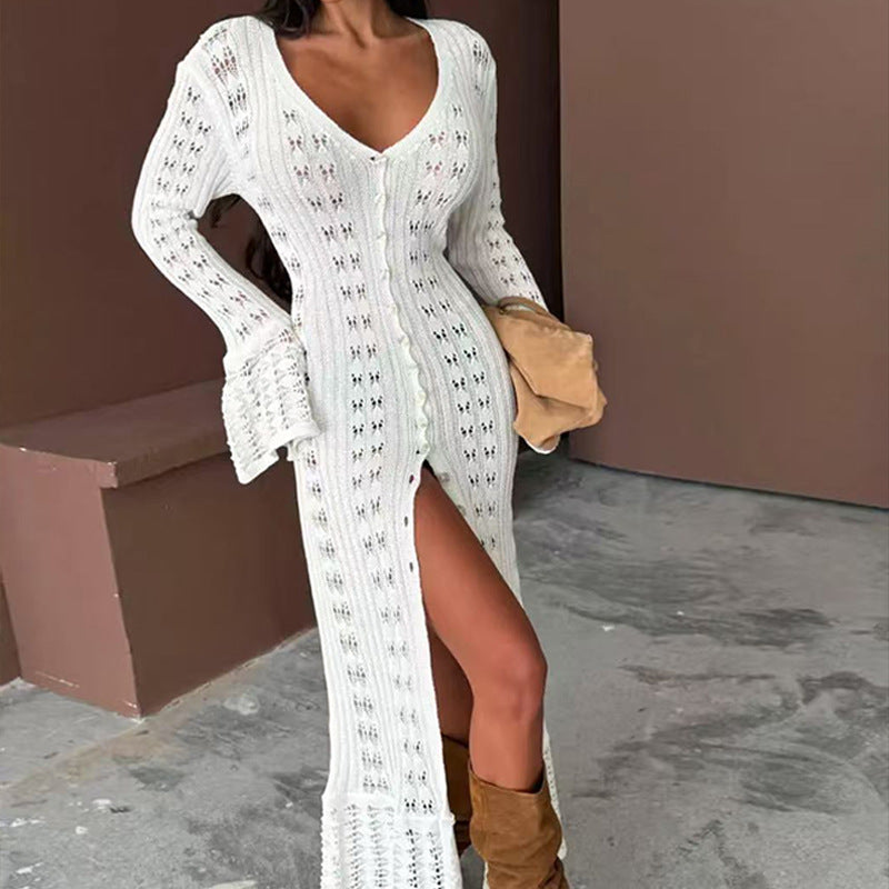 Solid Color Long Knitted Cardigan Coat Hollow Out Cutout Bell Sleeve Idle V neck Women Overall