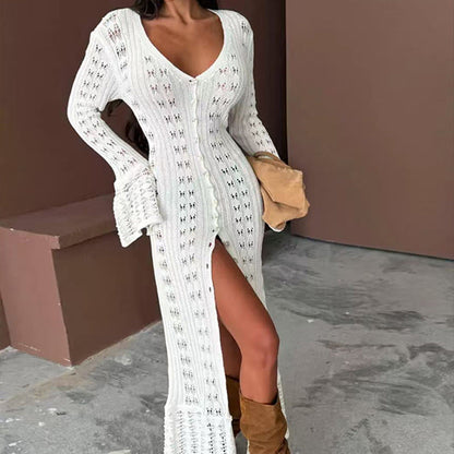 Solid Color Long Knitted Cardigan Coat Hollow Out Cutout Bell Sleeve Idle V neck Women Overall