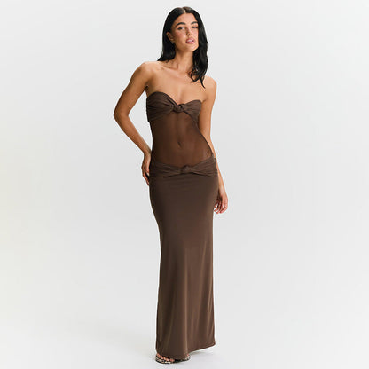 Women Clothing Detachable Shoulder Strap Twist Mesh Slim Fit Dress
