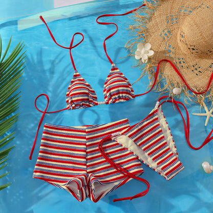 Swimsuit Women Split Three Piece Striped Sexy Kini Bikini Swimsuit