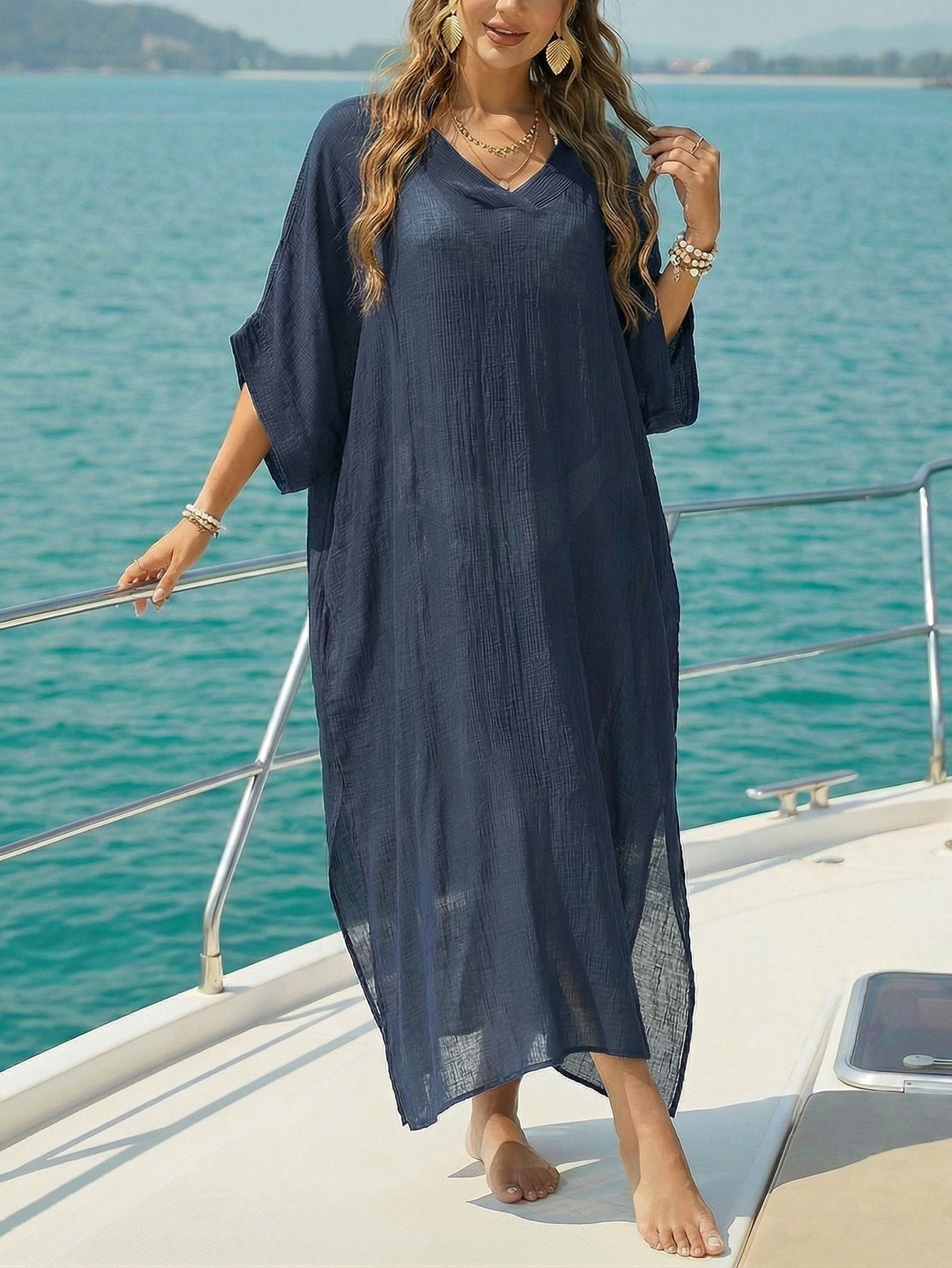 Women Beach Cover up Summer Women V neck Loose Casual Dress Split Mop Dress