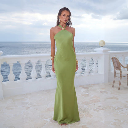 Solid Color Sexy Halter Backless Beach Cover up Bikini Swimsuit Beach Dress Women