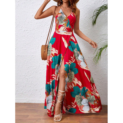 Real Shot Tropical Printing Thigh Fork Sling Dress