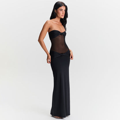 Women Clothing Detachable Shoulder Strap Twist Mesh Slim Fit Dress